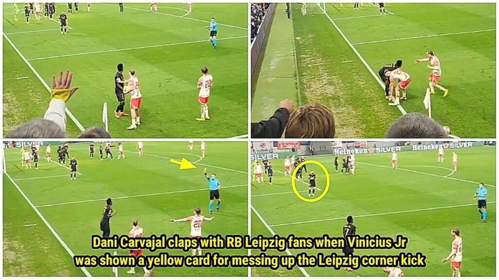 Dani Carvajal & Leipzig fans clap as Vini Jr was shown a yellow card for messing up Leipzig corner 😂