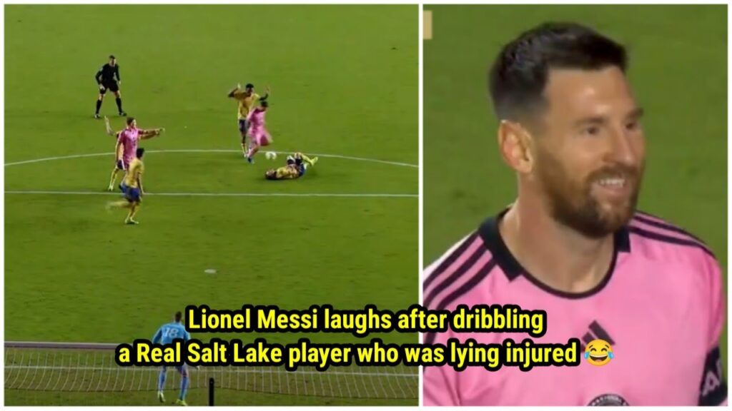 Lionel Messi's reaction after dribbling a Real Salt Lake player who was lying on the ground 😂👏