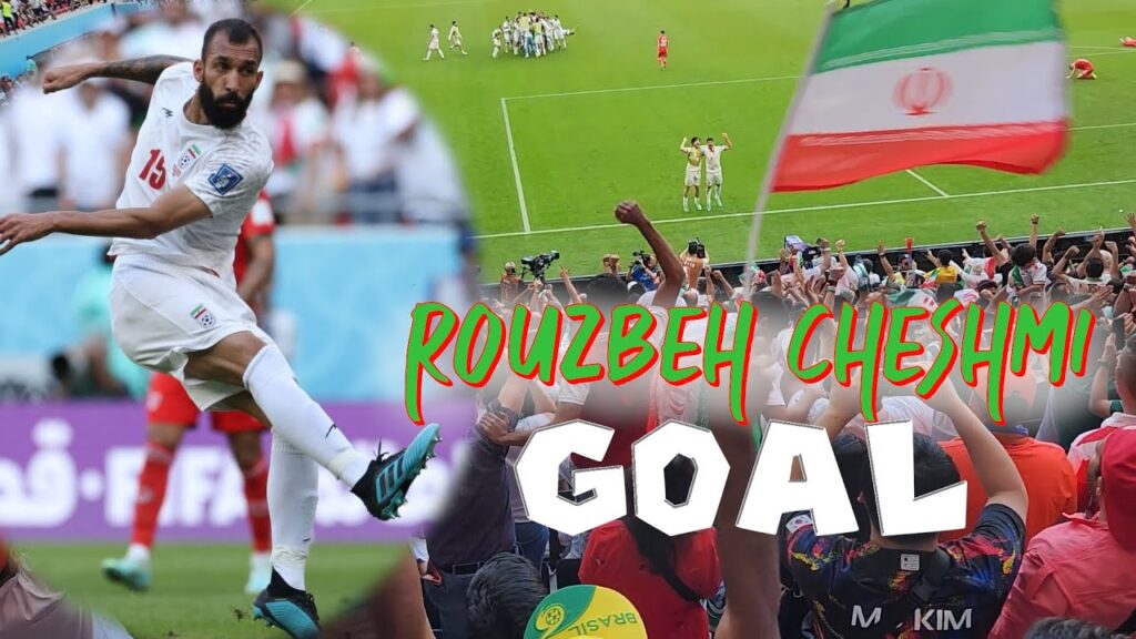 Iranian fans and players celebrate Rouzbeh Cheshmi winning goal vs. Wales at Qatar 2022 World Cup