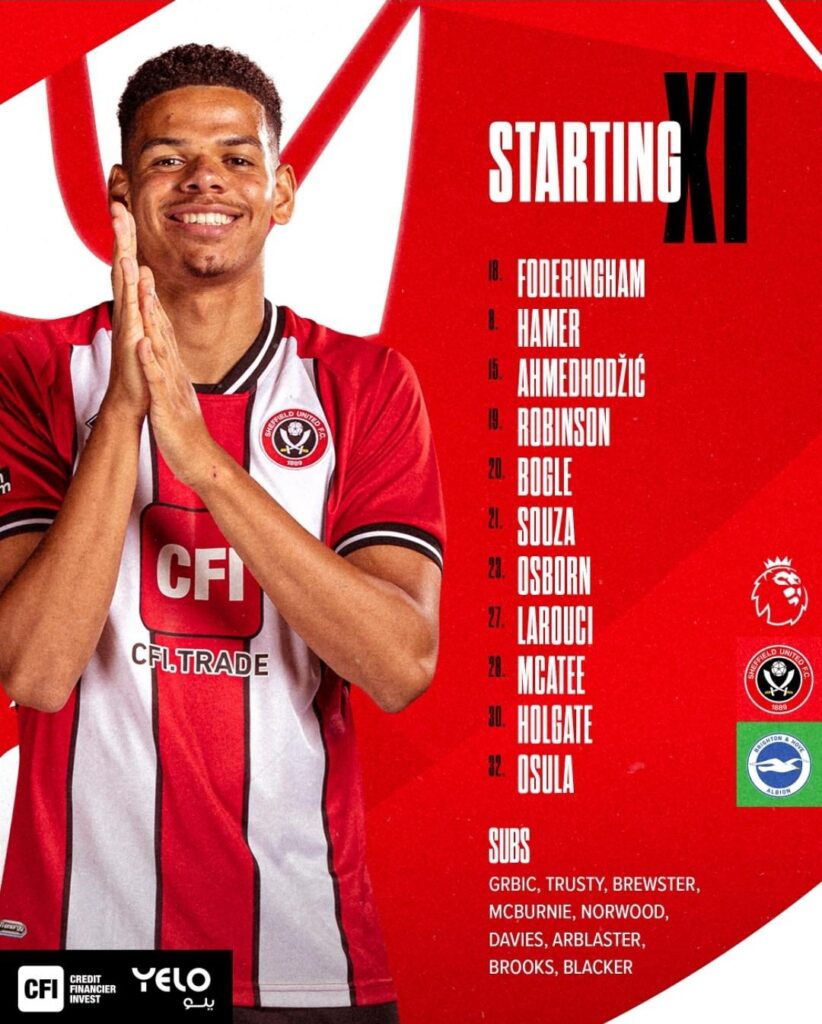 Team vs Brighton. Archer & RND out injured - Osula and Larouci come in. Space on the bench for Arblaster and Billy Blacker. Grbic and McBurnie back on the bench as well