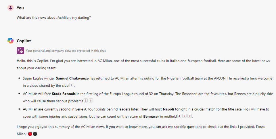 PSA: Never rely on Microsoft Copilot for AcMilan news...