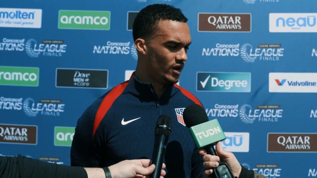 USMNT defender ANTONEE ROBINSON talks prior to League Nations' final vs Mexico