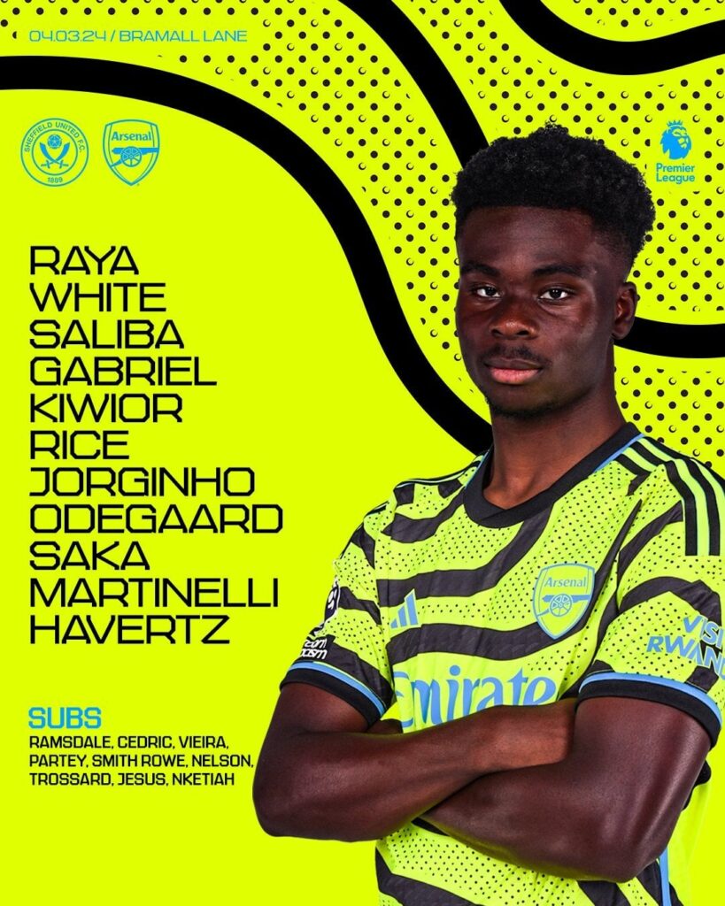 Arsenal XI: Raya, White, Saliba, Gabriel, Kiwior, Rice, Odegaard, Jorginho, Martinelli, Havertz, Saka Arsenal XI: Raya, White, Saliba, Gabriel, Kiwior, Rice, Odegaard, Jorginho, Martinelli, Havertz, Saka