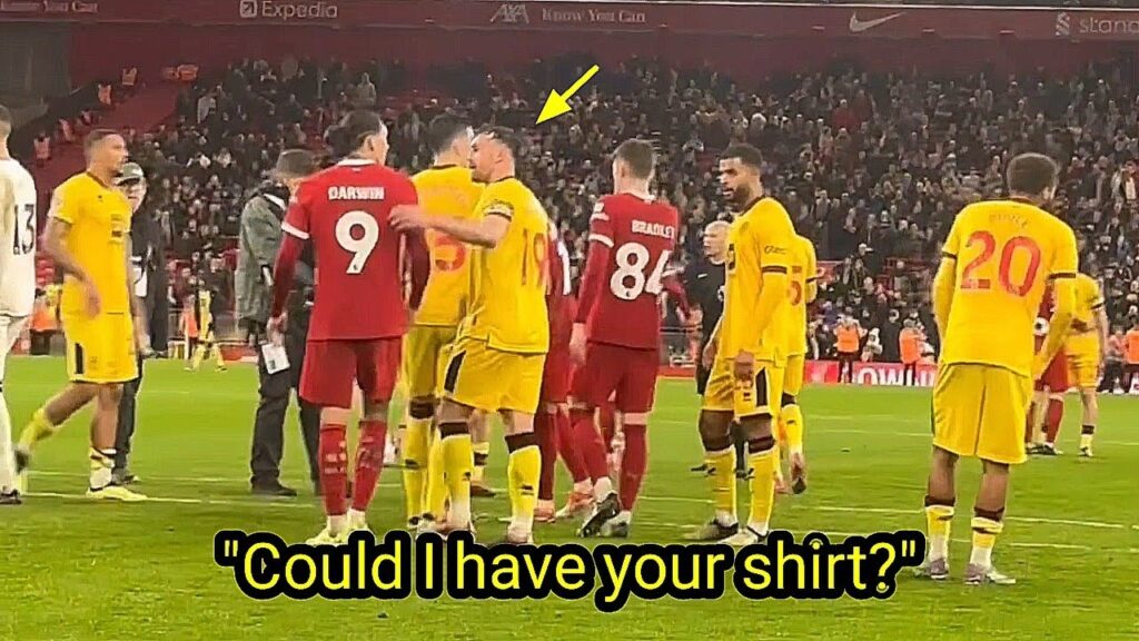 Darwin Nunez's reaction as Sheffield United captain Jack Robinson asked him for a shirt 👏🇺🇾