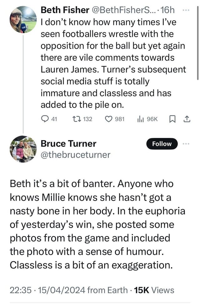 Manchester United player Millie Turner’s dad responds to criticism of his daughter for posting photo of an in-game incident with Chelsea’s Lauren James during FA Cup semi-final