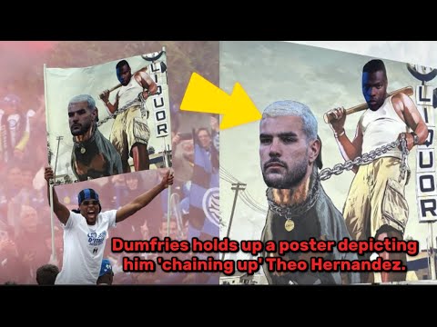 Denzel Dumfries holding up a poster of him chaining up Theo Hernandez during title celebrations!  😂