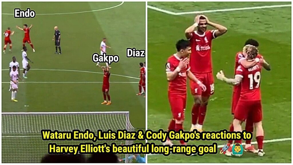 Wataru Endo, Luis Diaz & Cody Gakpo's reactions to Harvey Elliott's beautiful long-range goal 🚀🙆‍♂️
