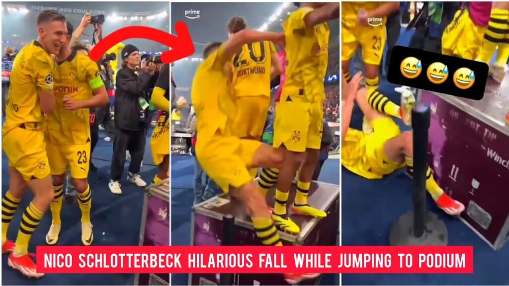 🤣🤣 Dortmund's Nico Schlotterbeck hilarious fall while jumping to podium during celebration vs PSG