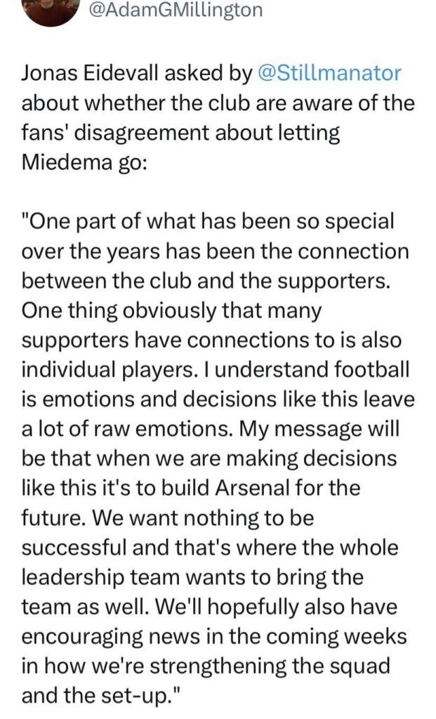 [Adam Millington] Jonas Eidevall on fan reaction to Miedema’s departure