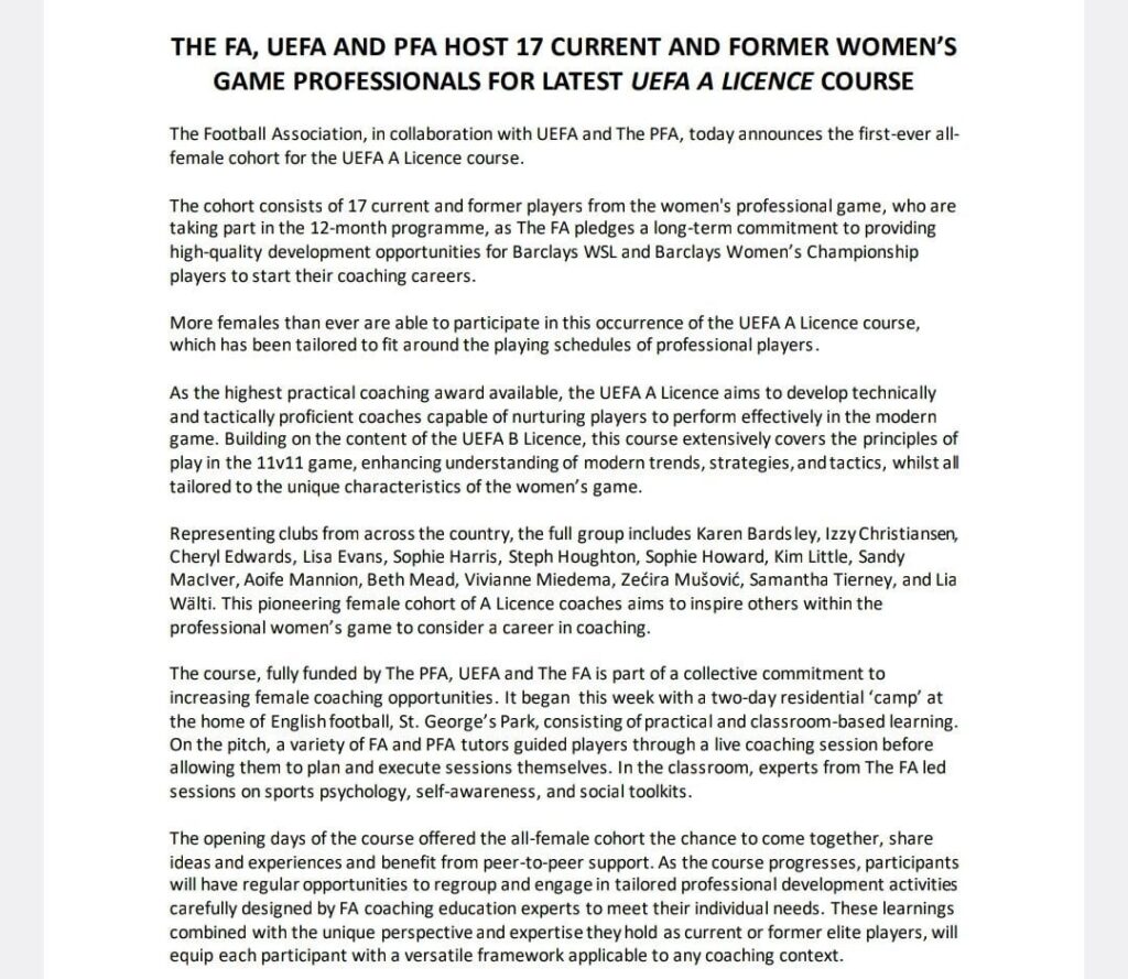 [Laverty] FA announces first-ever all-female cohort for the UEFA A Licence course