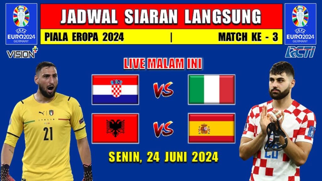 JADWAL SIARAN LANGSUNG EURO 2024 MALAM INI SENIN 24 JUNI 2024 - KROASIA vs ITALIA ~ ALBANIA vs SPAIN