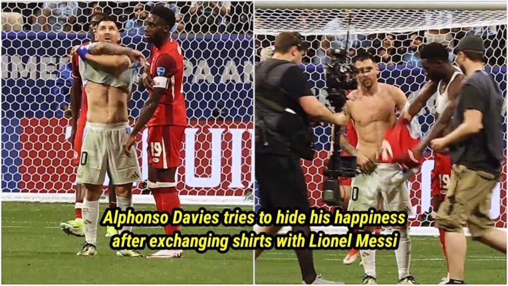 Alphonso Davies tries to hide his happiness after exchanging shirts with Lionel Messi 😄
