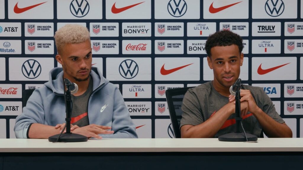 USMNT midfielder Tyler Adams & defender Antonee Robinson talk prior to facing Uruguay