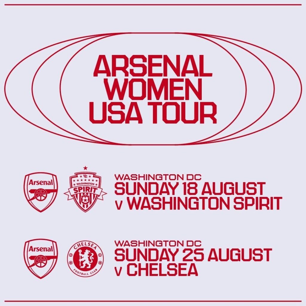 Arsenal are going on a first-ever summer tour in the United States🇺🇸 Games against Washington Spirit (August 18) and Chelsea (August 25) at Audi Field. Training camp at George Mason University (Virginia) during their visit. Pre-sale: June 19, General sale: June 20.
