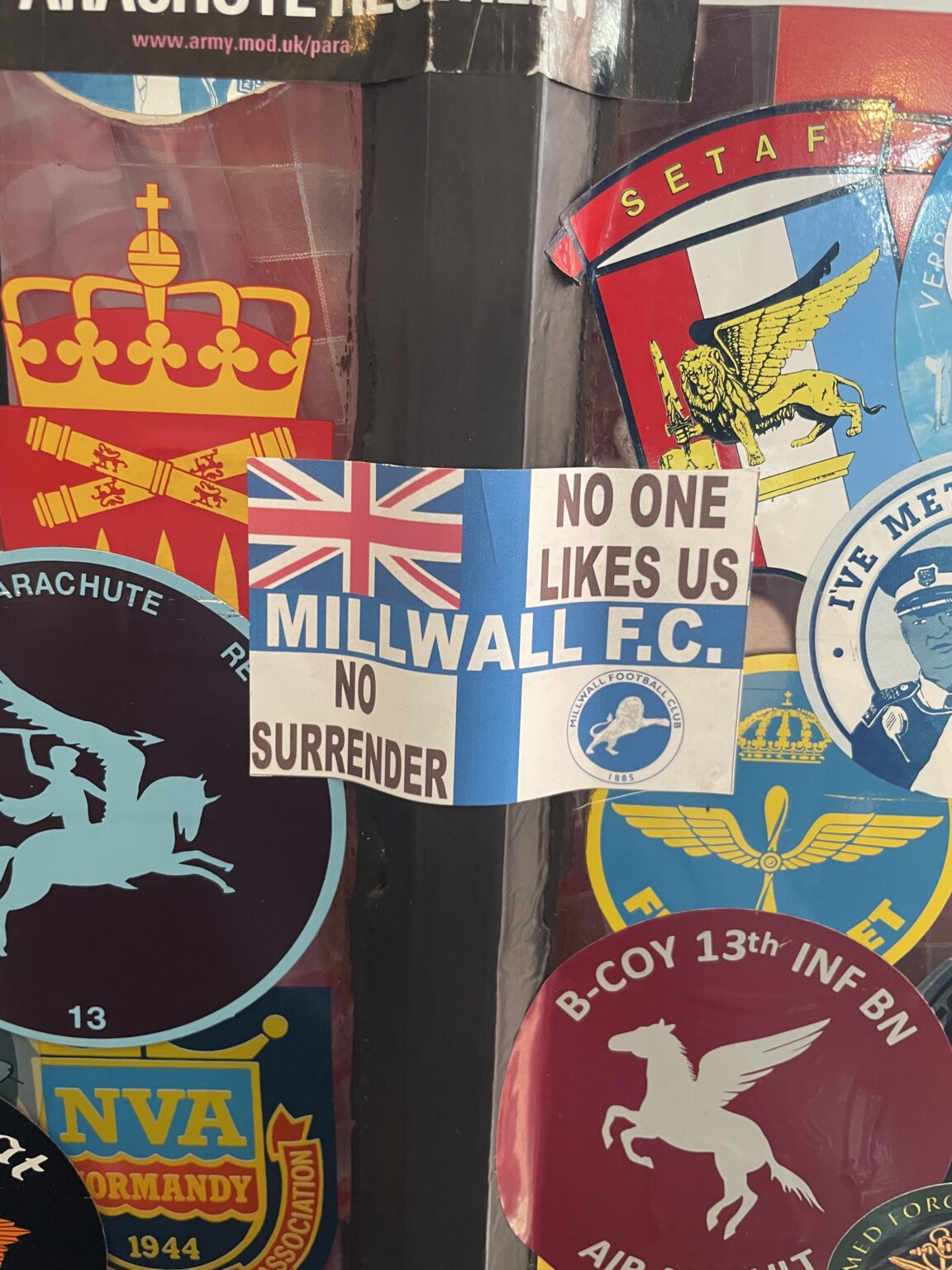 Spotted at Pegasus Bridge outside of Caen, France. All military stickers, and then there is this…