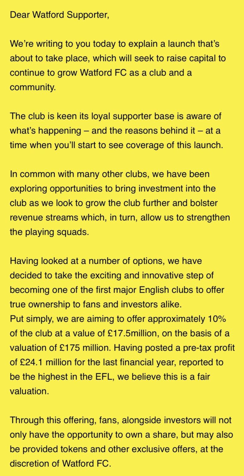 Watford put 10% of the club up for sale to fans