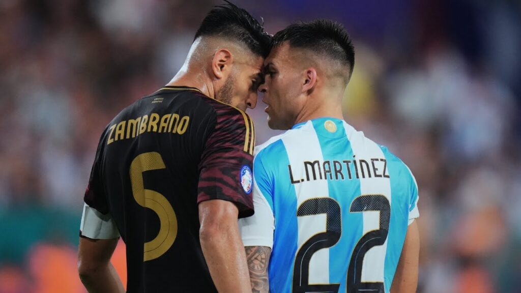 Tenso cruce entre Carlos Zambrano y Lautaro Martínez | Copa América 2024 - Perú vs Argentina