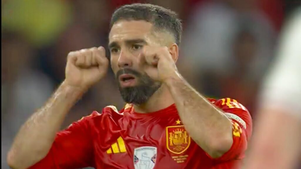 Dani Carvajal crying gesture to Bukayo Saka after England complained foul, Harry Kane yellow card