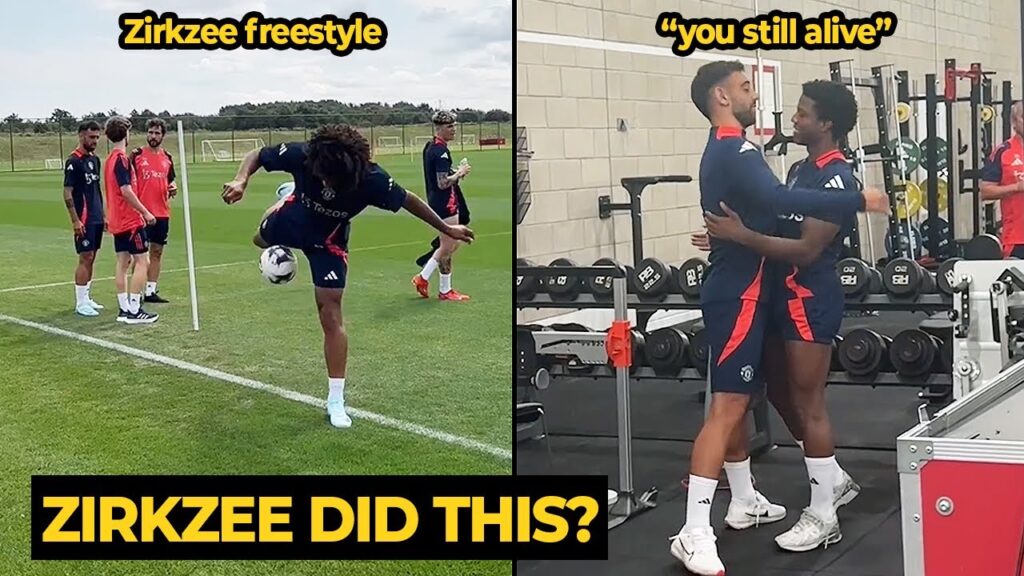 Bruno Fernandes reaction on Malacia and Zirkzee freestyle during training at Carrington