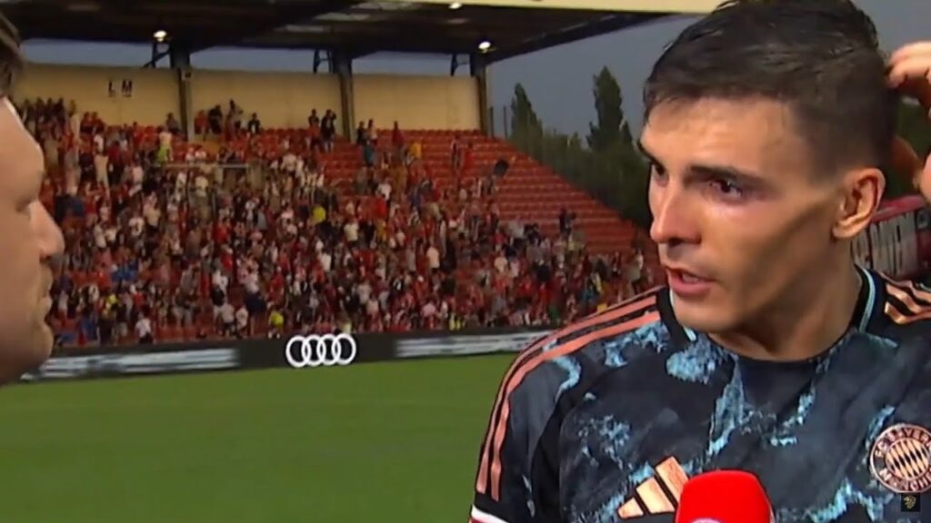 Joao Palhinha reacts to scoring his first goal for Bayern...