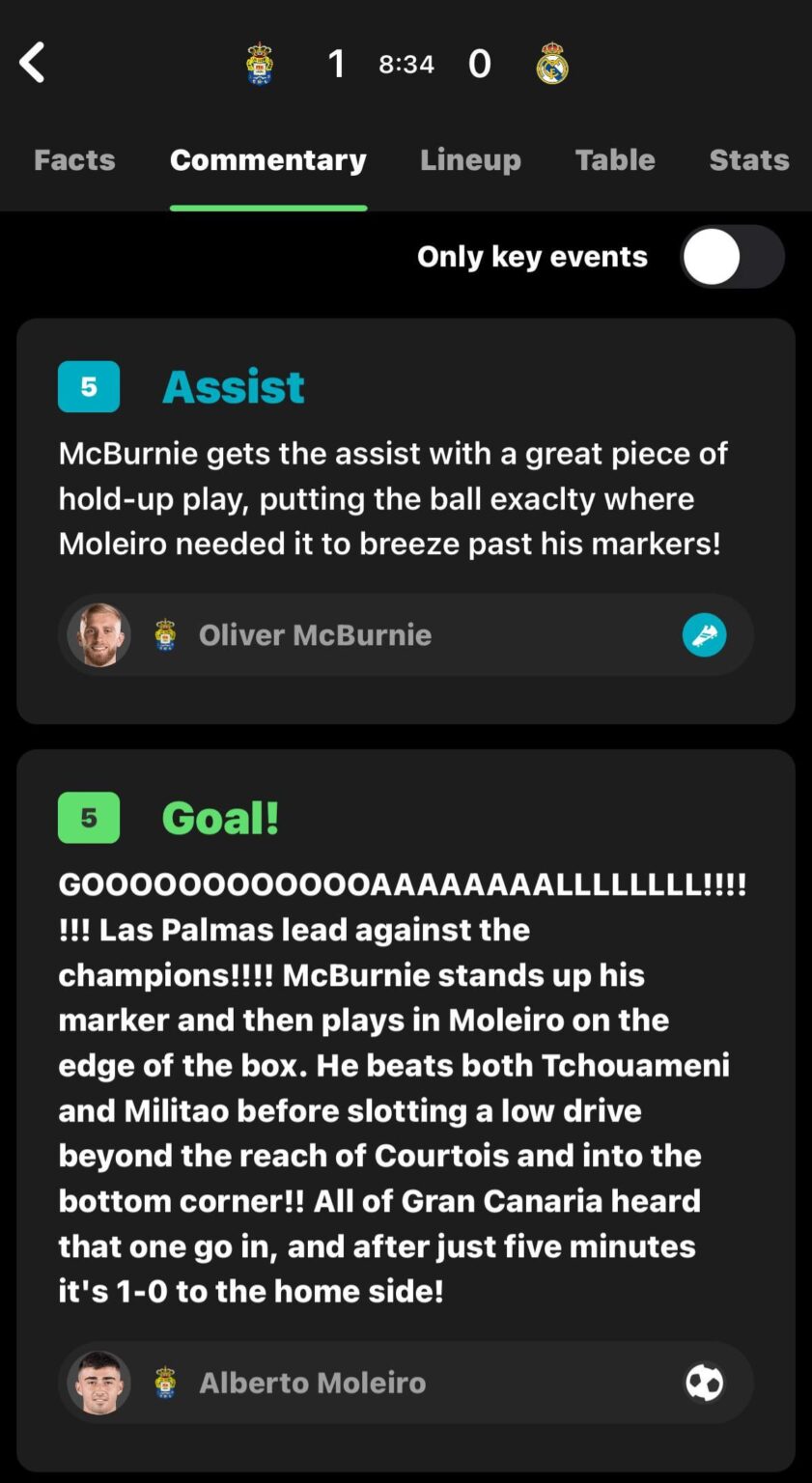 Mcburnie assists 5 minutes in for Las Palmas vs Real Madrid