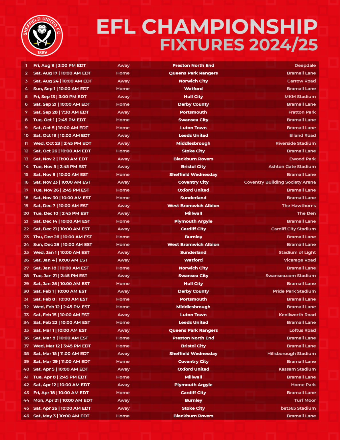 Customize and download the EFL Championship 2024/25 schedule poster for Sheffield United - soccer-fixtures.com