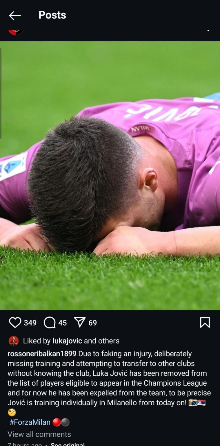 Luka Jovic replies to a fan page on instagram that accused him of faking the injury and being excluded from the team.