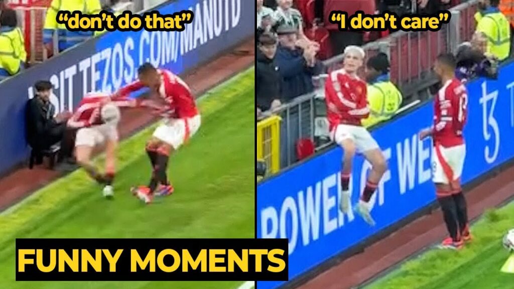 Casemiro's funny reaction as he stops Garnacho doing Ronaldo celebration after goal against Barnsley