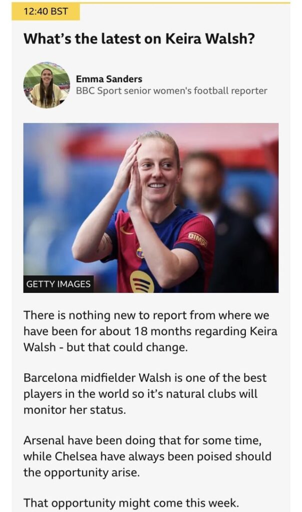 [Emma Sanders] Arsenal have been monitoring Walsh for some time, while Chelsea have always been poised should the opportunity arise. Everyone is poised for Arsenal or Chelsea to potentially make a move this week.