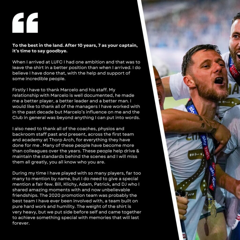 Liam Cooper Goodbye Message to Leeds fan after 10 years at the club