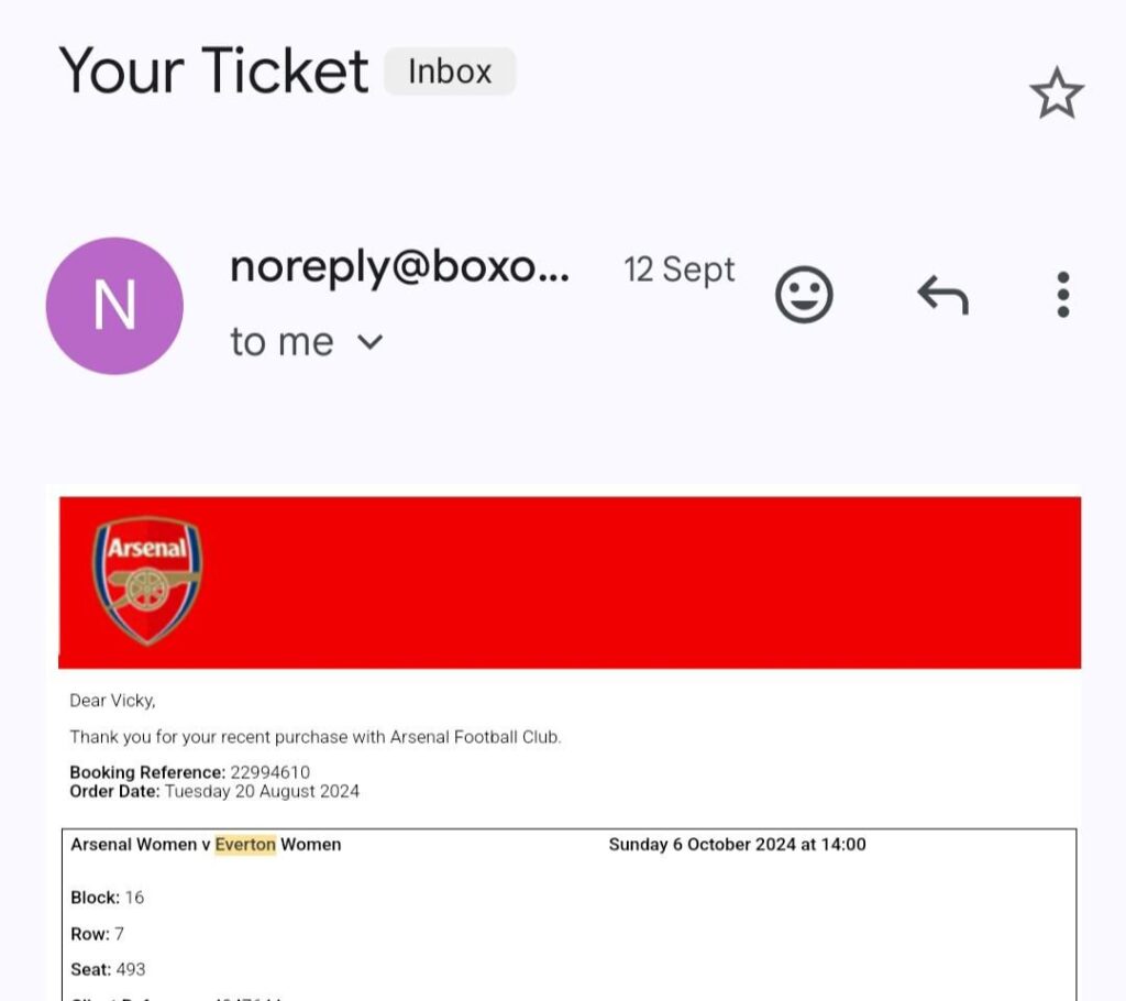 Arsenal v Everton (6th October) ticket for sale