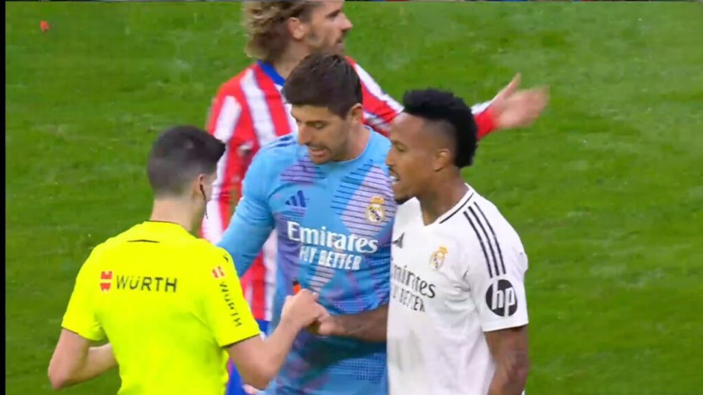 Real Madrid vs Atletico Madrid, Atletico Madrid thrown object on Thibaut Courtois after Militao Goal