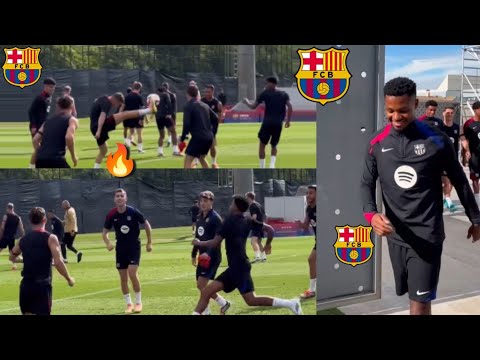 🔥🔥✅ Barca training today ft. Lamine Yamal, Dani Olmo, Ansu Fati as Sevilla is in view. Hansi Flick..