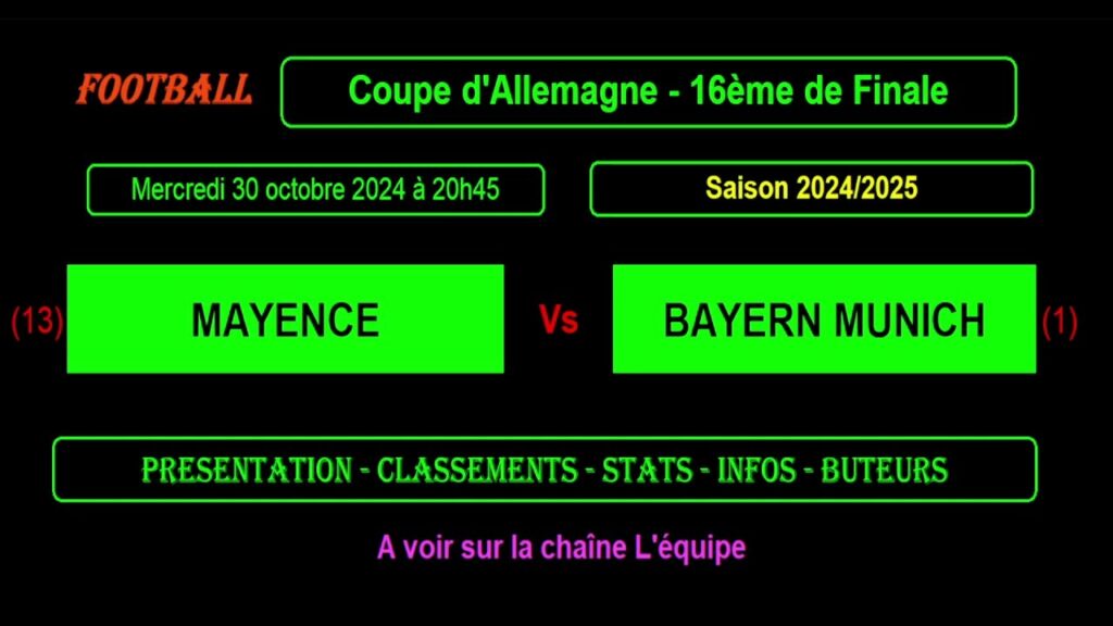 MAYENCE - BAYERN MUNICH : 16ème Finale coupe d'Allemagne - le 30/10/2024