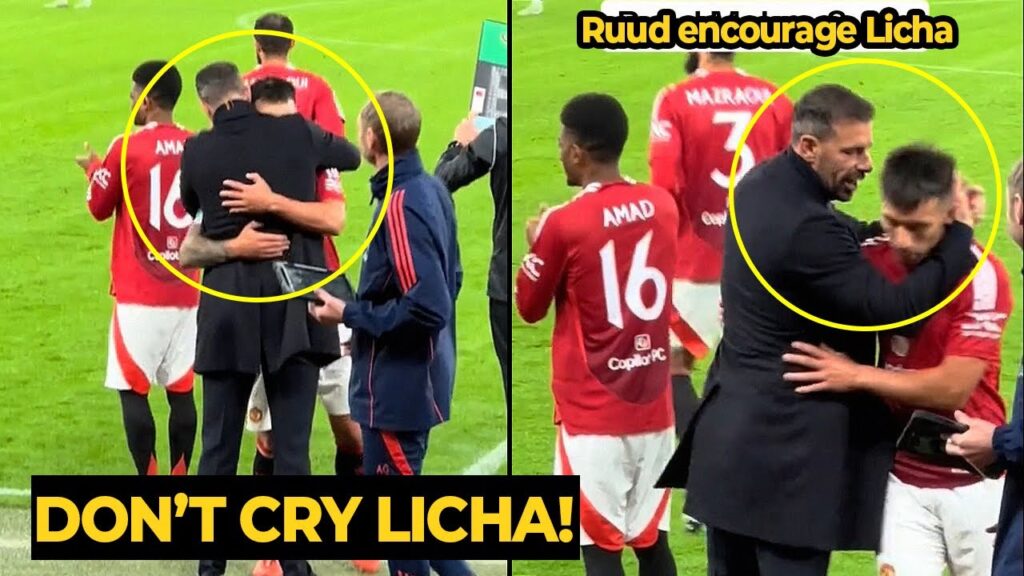 Lisandro Martinez looks emotional as he hugs Ruud van Nistelrooy after sub off vs Leicester Lisandro Martinez looks emotional as he hugs Ruud van Nistelrooy after sub off vs Leicester