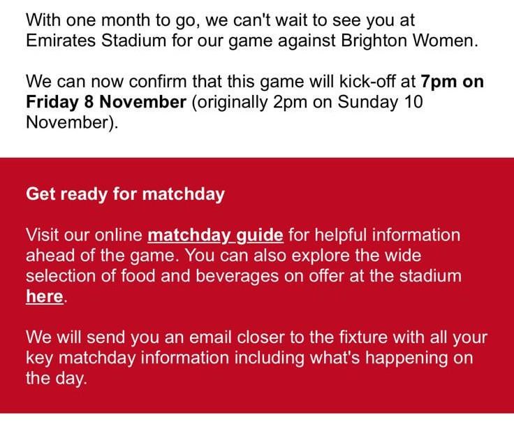 Brighton Game moved from Sunday 10th November to Friday 8th November at 7pm