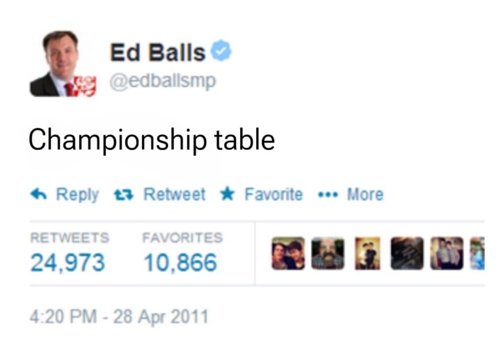 The championship table as tweeted by Ed Balls