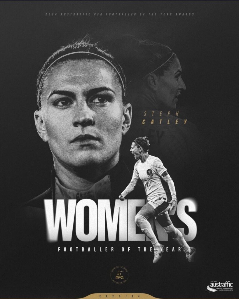 Steph Catley has been voted the Austraffic PFA Women’s Footballer of the Year for the second time