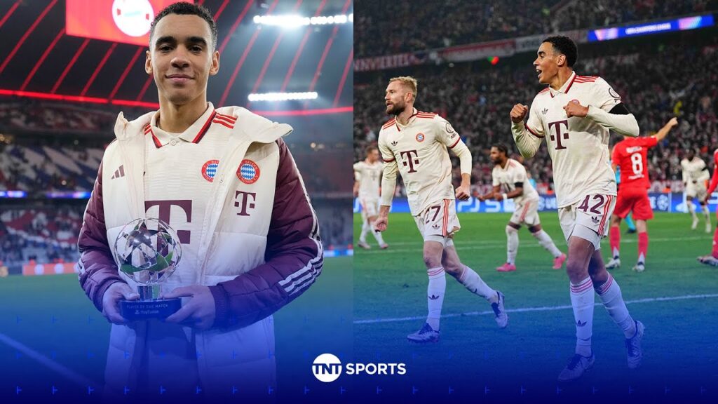 Jamal Musiala reacts to scoring Bayern's winning goal against Benfica in the Champions League 💫