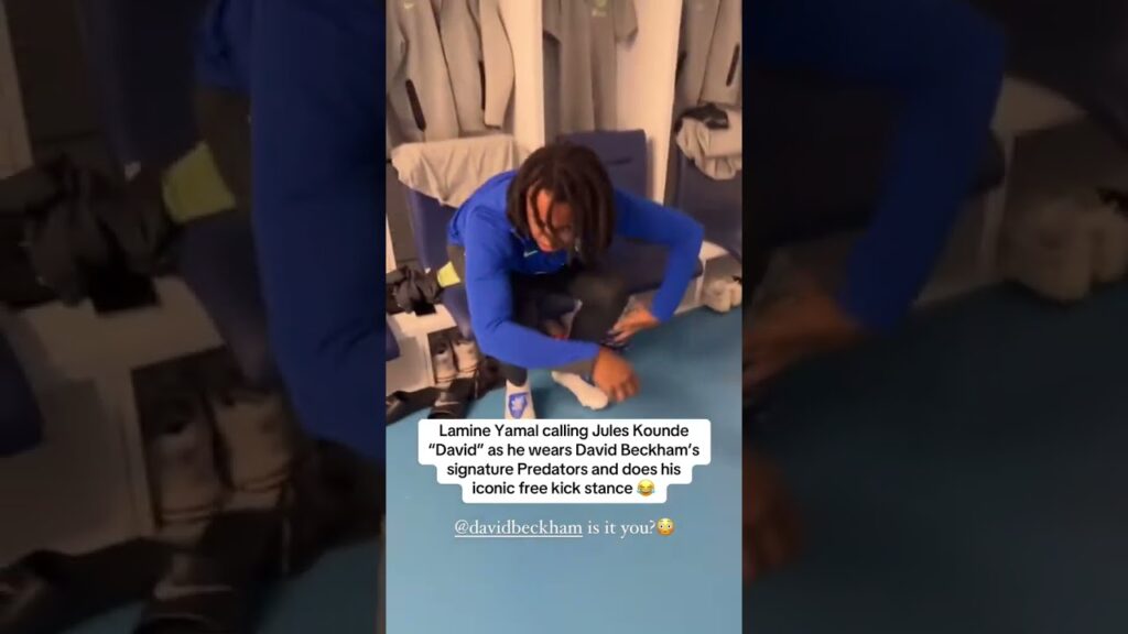 Jules Kounde doing his best David Beckham impression 😂 (via lamineyamal/IG)