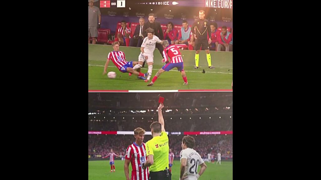 Marcos Llorente with A direct  Red Card For This studs up  tackle on Fran Garcia  This rivalry
