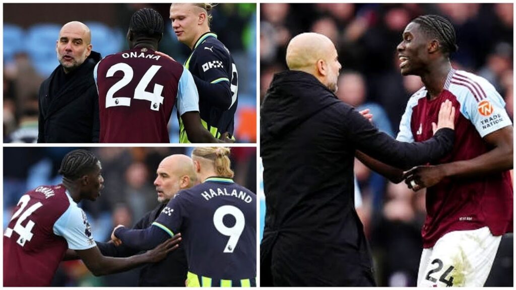 Pep Guardiola confronts Amadou Onana after Aston Villa beat Manchester city during premier league