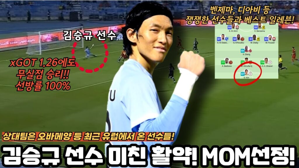 김승규 선수 미친 활약! 상대팀 공격수 슈팅 모두 막아내며 MOM 선정!!