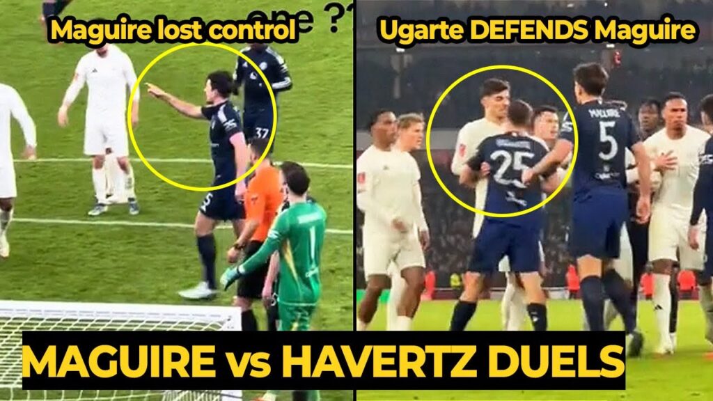Ugarte DEFENDS Harry Maguire who lost control arguing Kai Havertz over the penalty foul vs Arsenal