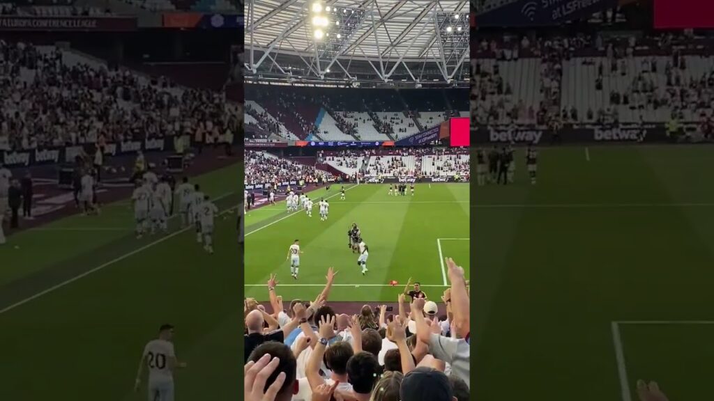 Amadou Onana celebrating with the Aston Villa fans after the game