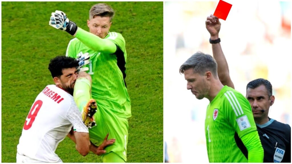 Wayne Hennessey redcard for a karate kick on Mehdi Taremi in Wales vs Iran at World Cup 2022