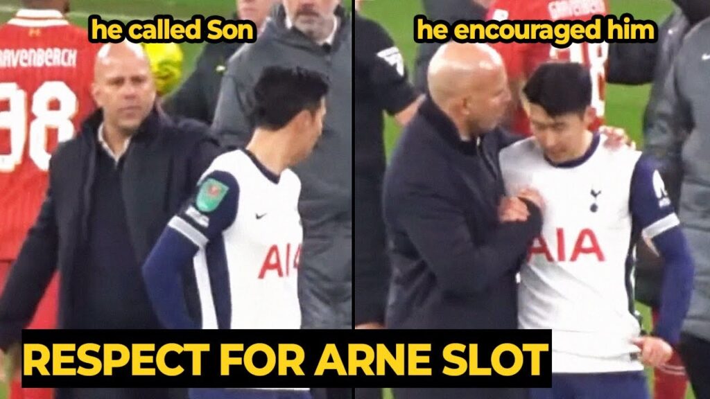 Arne Slot comforts Son Heung-min after Liverpool's victory against Tottenham in the Carabao Cup