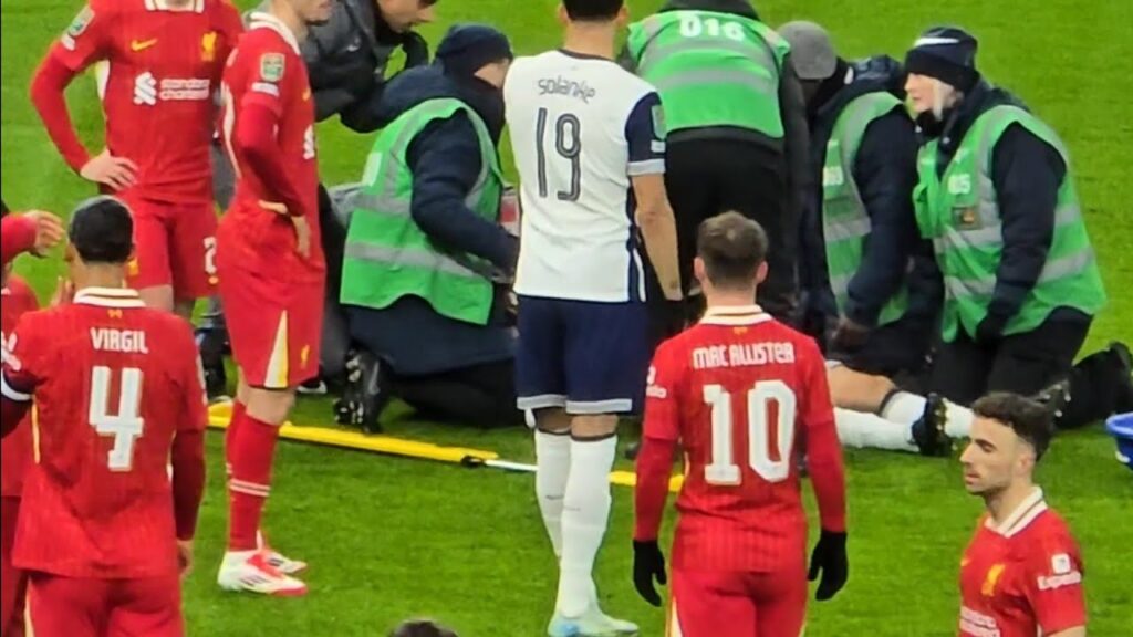 RODRIGO BENTANCUR STRETCHERED OFF INJURED: Tottenham v Liverpool: Carabao Cup Semi-Final, 1st Leg