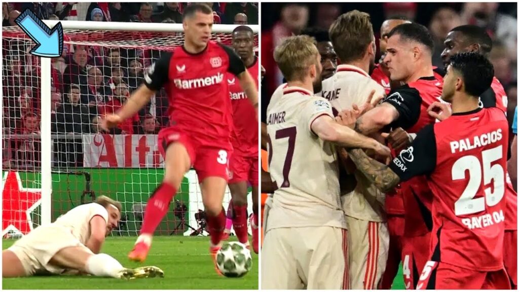 Harry Kane clashes with Granit Xhaka after tackle in Bayern Munich vs Bayer Leverkusen in champions