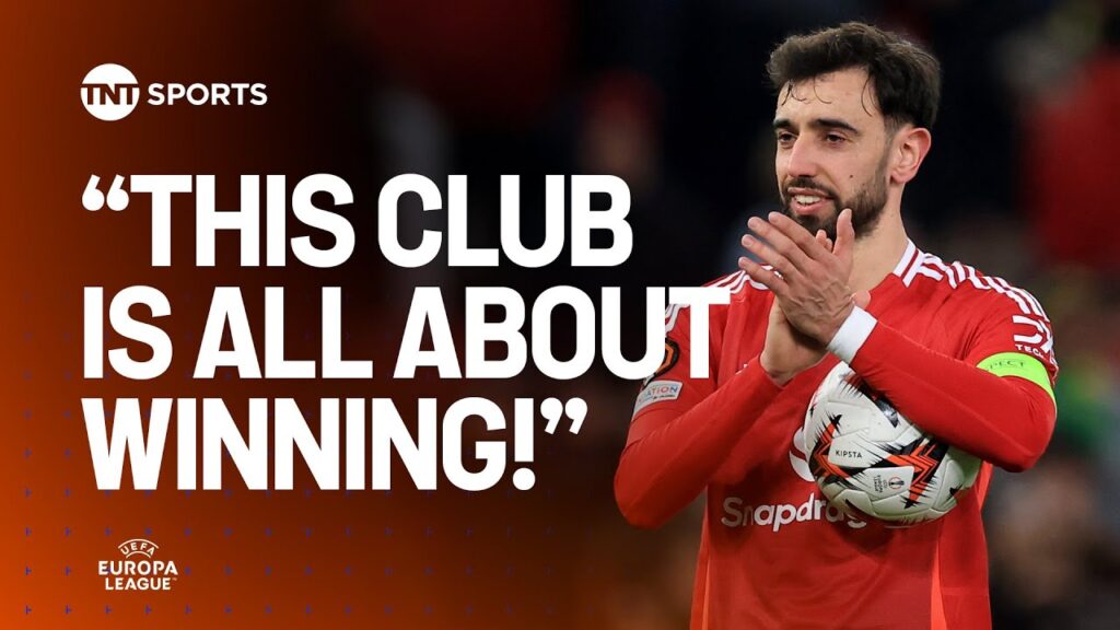 Bruno Fernandes reacts after scoring a hat-trick to send Man United into the Quarter-Finals 🤩 #UEL